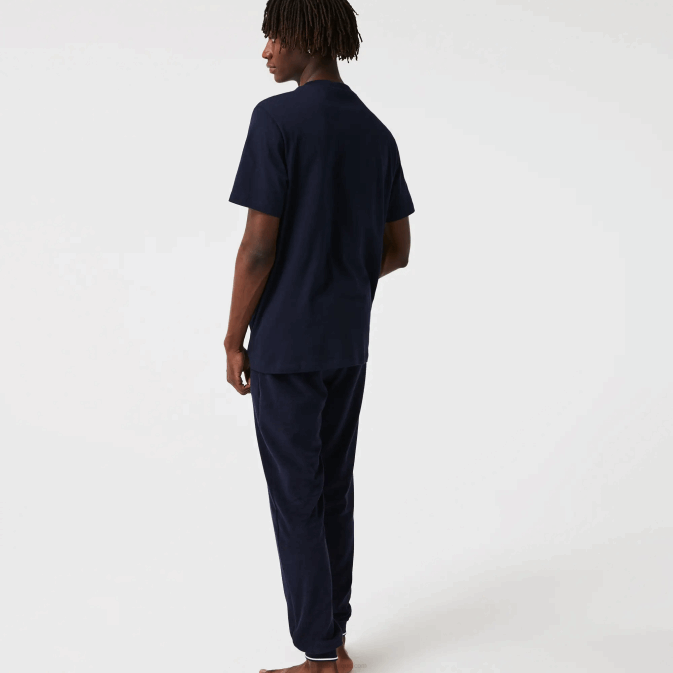 bleu marine 166 V6HV1344 Hommes Lacoste t-shirt lounge en coton à col rond et crocodile en velours