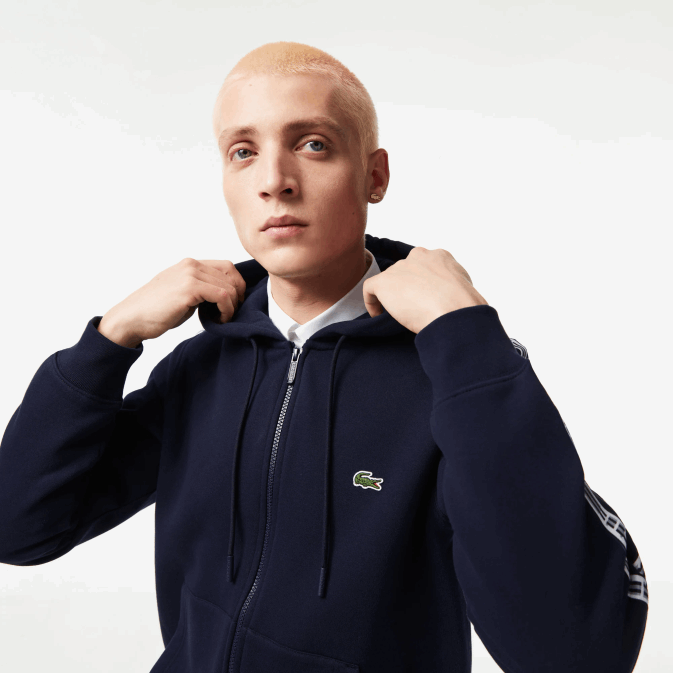 bleu marine 166 V6HV14 Hommes Lacoste sweat à capuche zippé coupe classique avec rayures de la marque