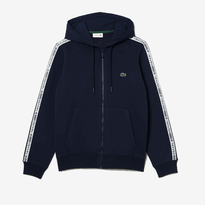 bleu marine 166 V6HV14 Hommes Lacoste sweat à capuche zippé coupe classique avec rayures de la marque