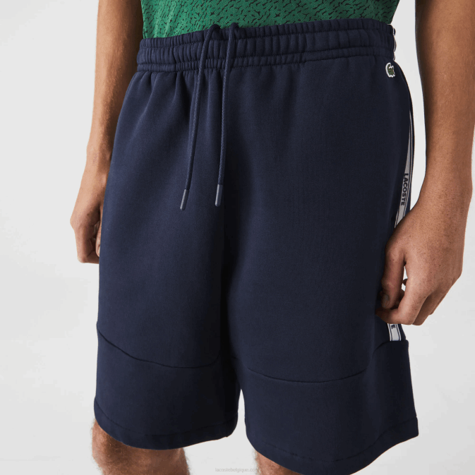bleu marine 166 V6HV1538 Hommes Lacoste short en molleton de coton mélangé à bandes griffées