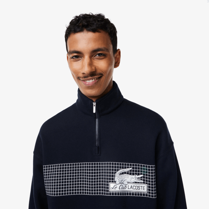 bleu marine 166 V6HV283 Hommes Lacoste sweat-shirt ample en coton biologique à col zippé