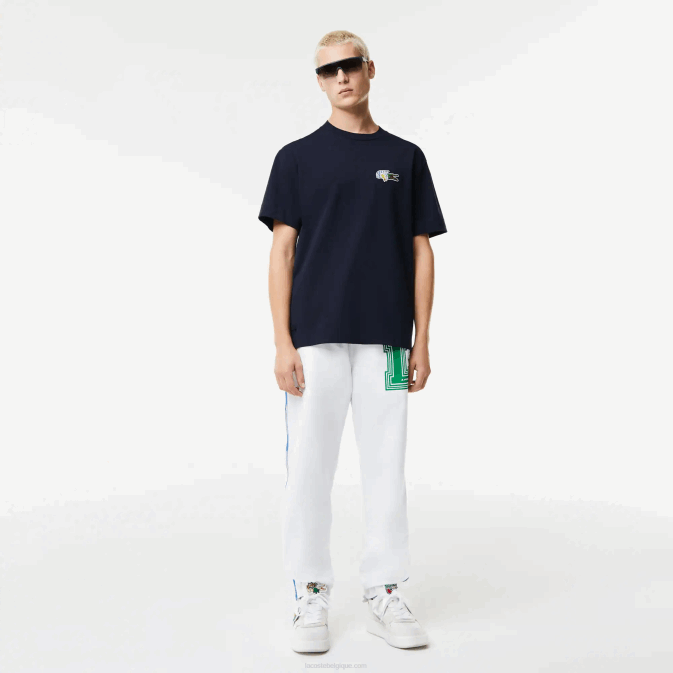 bleu marine 166 V6HV741 Hommes Lacoste t-shirt coupe ample à écusson effet bande dessinée