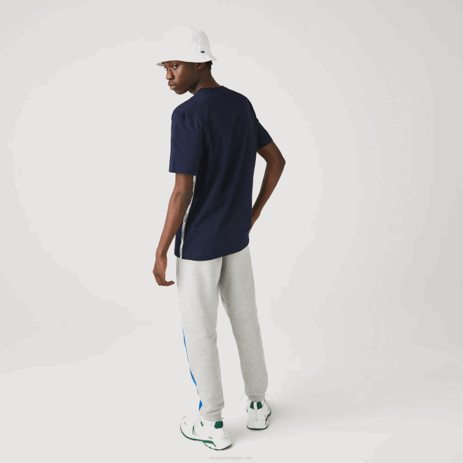 bleu marine 166 V6HV909 Hommes Lacoste t-shirt en coton à col rond et bandes griffées