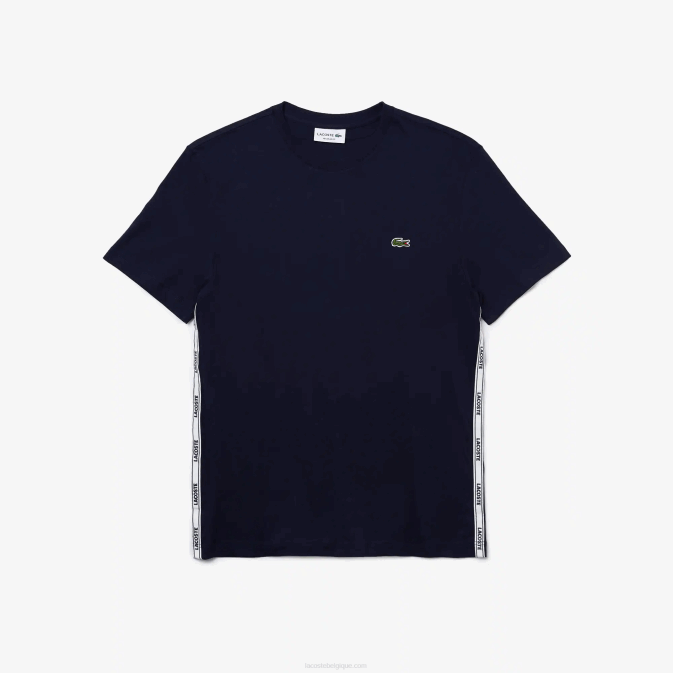 bleu marine 166 V6HV909 Hommes Lacoste t-shirt en coton à col rond et bandes griffées