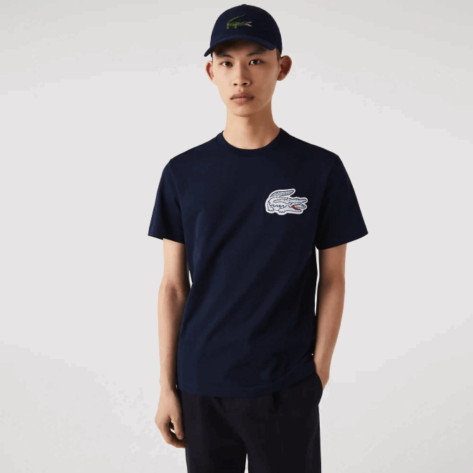 bleu marine 166 V6HV911 Hommes Lacoste t-shirt en coton à col rond et écusson crocodile Heritage