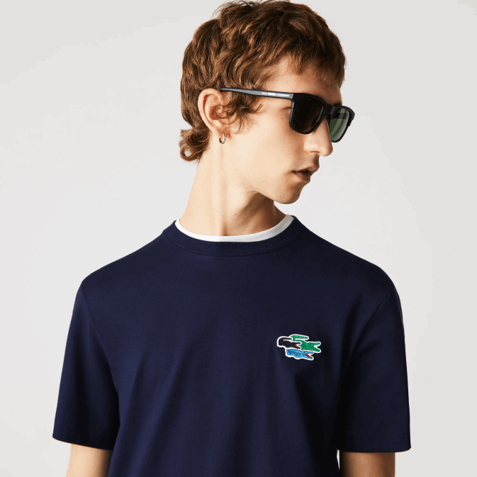bleu marine 166 V6HV920 Hommes Lacoste t-shirt col rond crocodiles colorés en coton bio