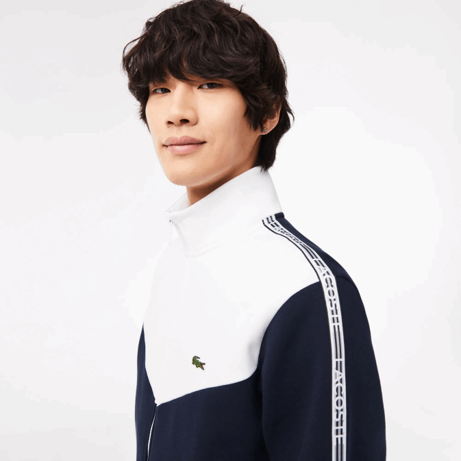 bleu marine blanc 525 V6HV21 Hommes Lacoste sweat zippé coupe classique color block