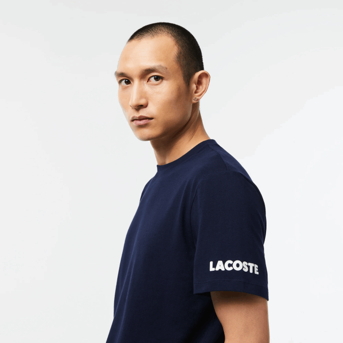 bleu marine blanc 525 V6HV495 Hommes Lacoste t-shirt en jersey de coton à imprimé contrasté