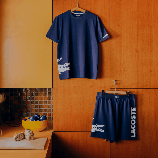 bleu marine blanc 525 V6HV495 Hommes Lacoste t-shirt en jersey de coton à imprimé contrasté