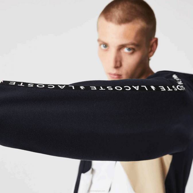 bleu marine blanc beige e8t V6HV997 Hommes Lacoste sweat zippé à capuche en molleton color block avec lettres