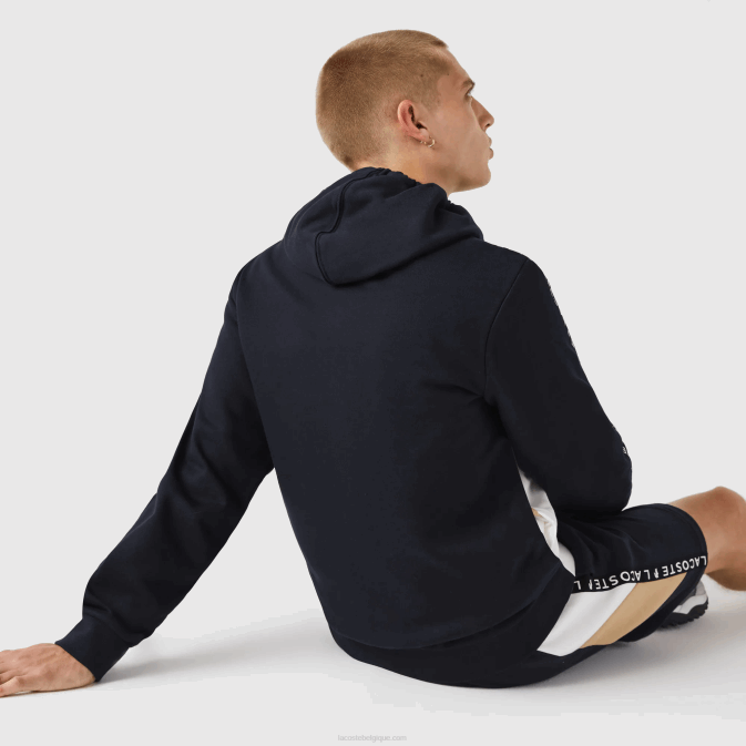 bleu marine blanc beige e8t V6HV997 Hommes Lacoste sweat zippé à capuche en molleton color block avec lettres