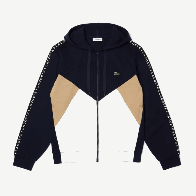 bleu marine blanc beige e8t V6HV997 Hommes Lacoste sweat zippé à capuche en molleton color block avec lettres