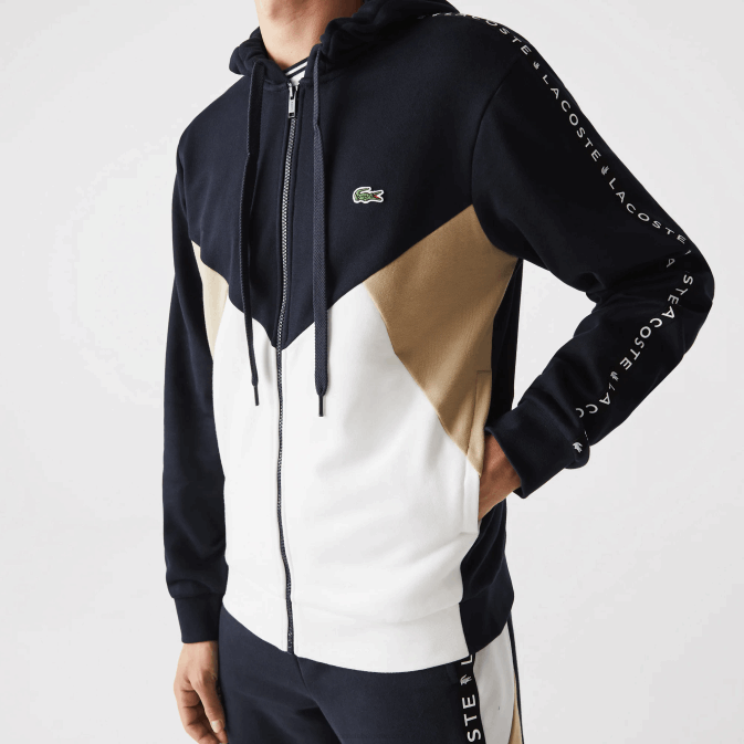 bleu marine blanc beige e8t V6HV997 Hommes Lacoste sweat zippé à capuche en molleton color block avec lettres