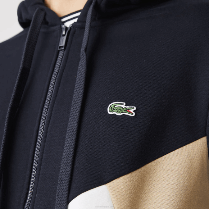 bleu marine blanc beige e8t V6HV997 Hommes Lacoste sweat zippé à capuche en molleton color block avec lettres