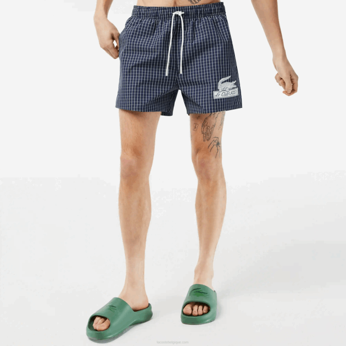 bleu marine blanc xch V6HV532 Hommes Lacoste short de bain à carreaux en polyester recyclé