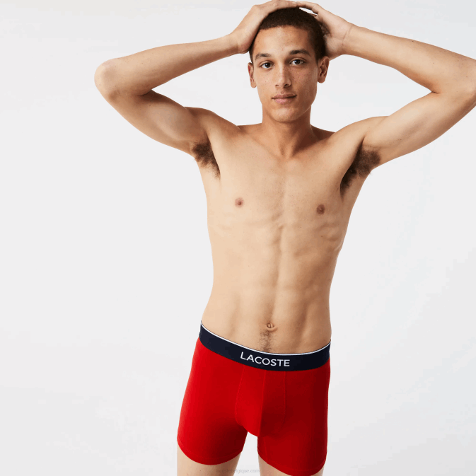 bleu marine gris rouge chine w3t V6HV1428 Hommes Lacoste Lot de 3 boxers longs en coton stretch avec taille marquée