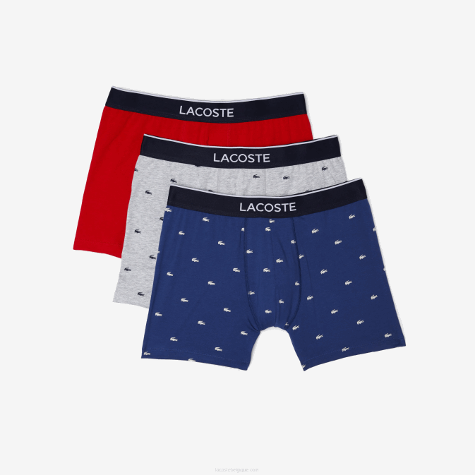 bleu marine gris rouge chine w3t V6HV1428 Hommes Lacoste Lot de 3 boxers longs en coton stretch avec taille marquée
