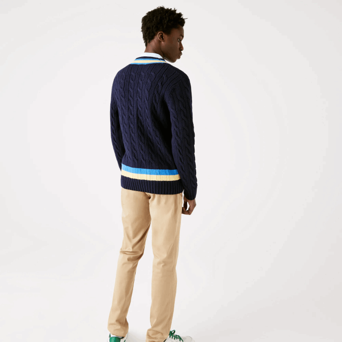 bleu marine jaune bleu 7kz V6HV1517 Hommes Lacoste pull coupe classique en laine à rayures contrastées