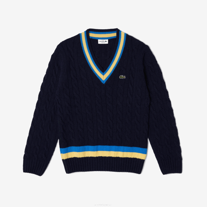bleu marine jaune bleu 7kz V6HV1517 Hommes Lacoste pull coupe classique en laine à rayures contrastées