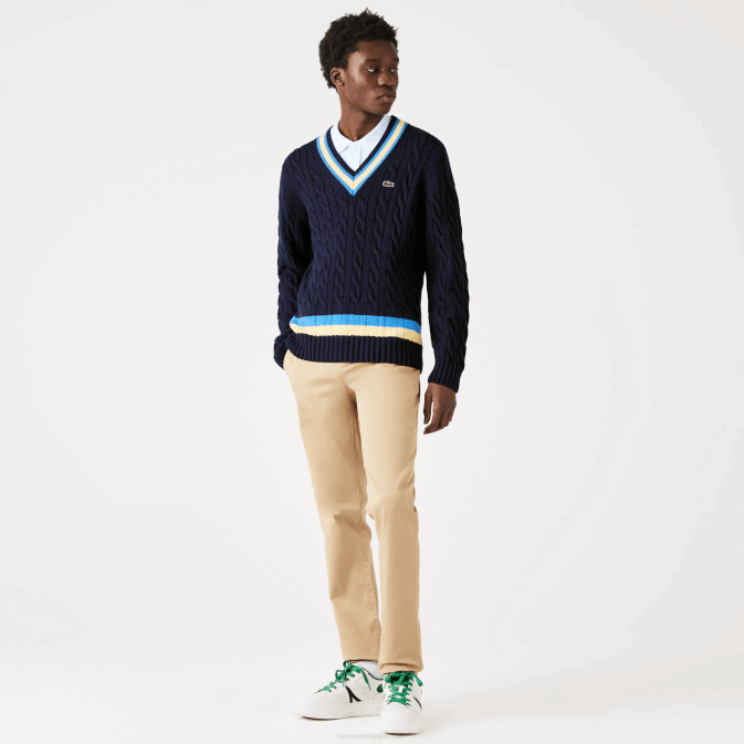 bleu marine jaune bleu 7kz V6HV1517 Hommes Lacoste pull coupe classique en laine à rayures contrastées