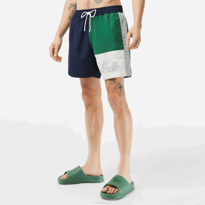bleu marine vert blanc ast V6HV520 Hommes Lacoste maillot de bain color block en polyester recyclé