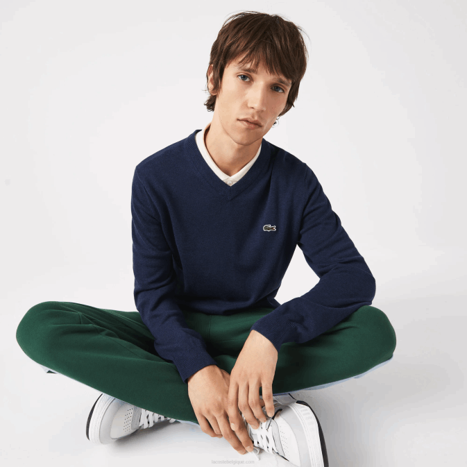 chine bleue 3gf V6HV1325 Hommes Lacoste pull col v en coton bio