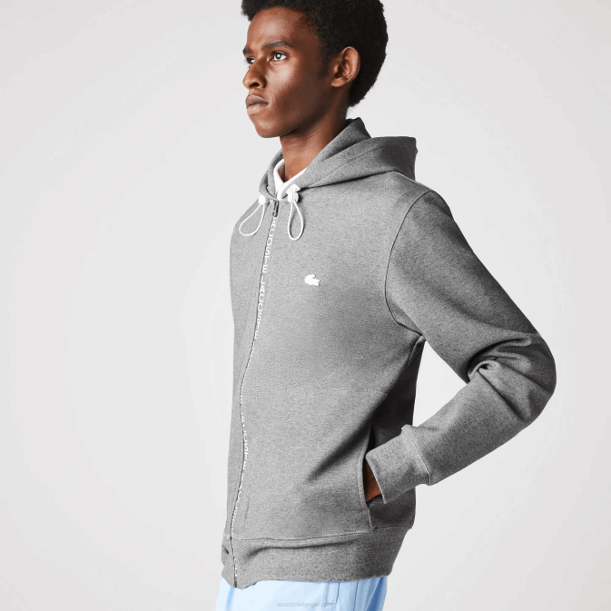gris chiné 1vq V6HV1178 Hommes Lacoste sweat zippé à capuche en coton mélangé