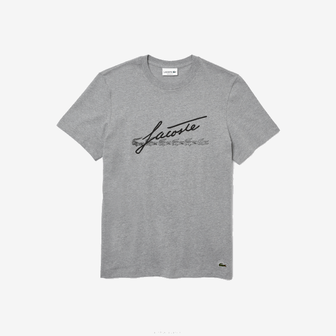 gris chiné 4jv V6HV760 Hommes Lacoste t-shirt en coton à col rond imprimé signature et crocodile