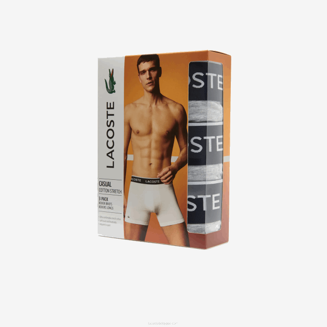 gris chiné cca V6HV1407 Hommes Lacoste Lot de 3 boxers longs en coton stretch