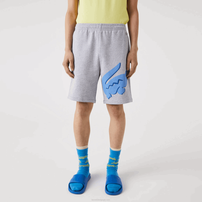 gris chiné cca V6HV1418 Hommes Lacoste short oversize en molleton de coton bio imprimé crocodile