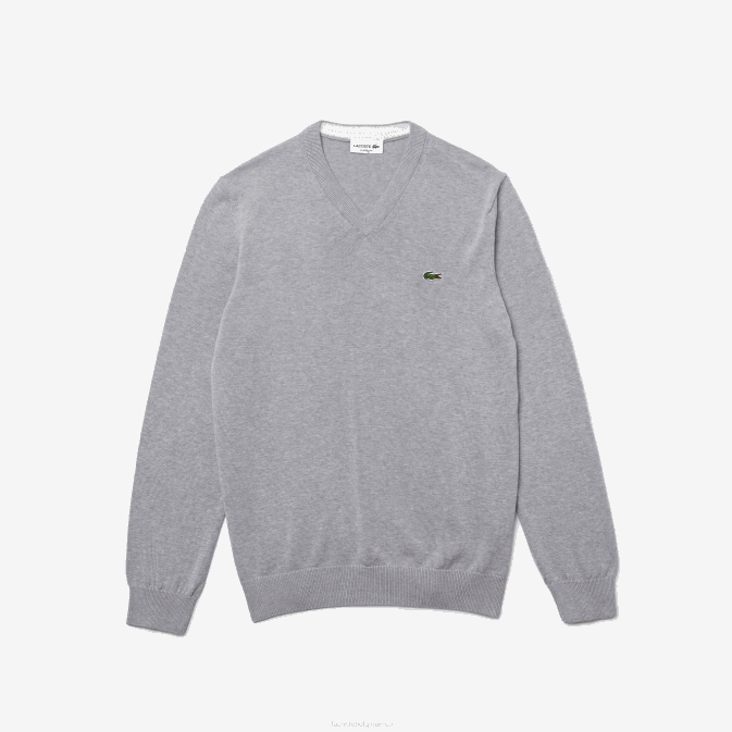 gris chiné cca V6HV1568 Hommes Lacoste pull col v en coton bio