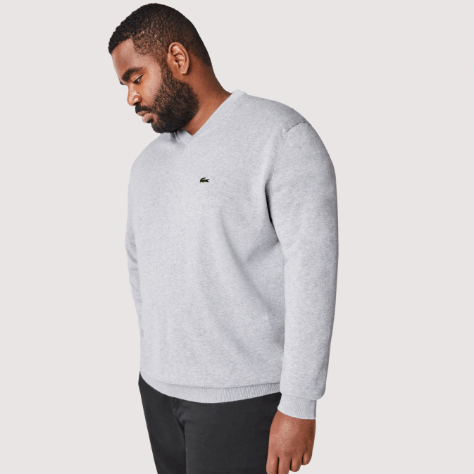 gris chiné cca V6HV1568 Hommes Lacoste pull col v en coton bio