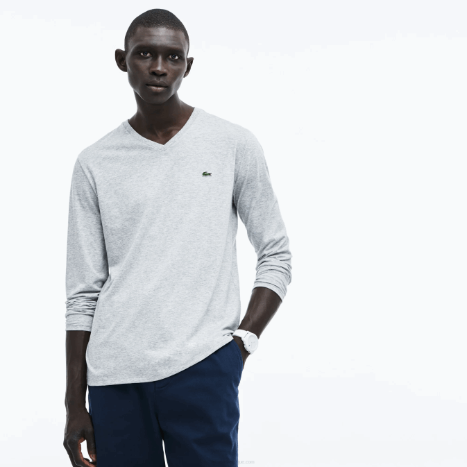 gris chiné cca V6HV677 Hommes Lacoste t-shirt col v léger en jersey de coton pima