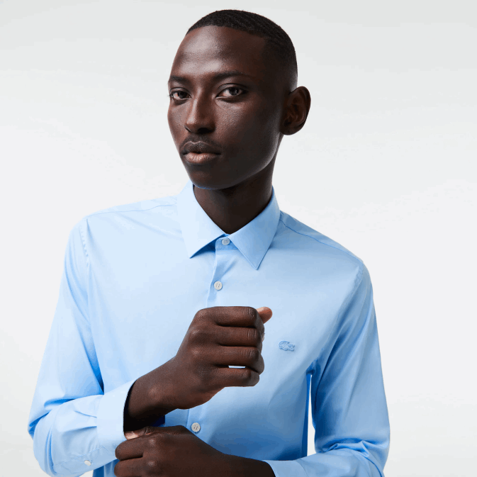 hbp bleu V6HV1439 Hommes Lacoste chemise slim en popeline de coton col français