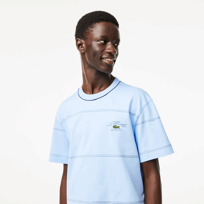 hbp bleu V6HV183 Hommes Lacoste t-shirt à rayures en jersey de coton bio