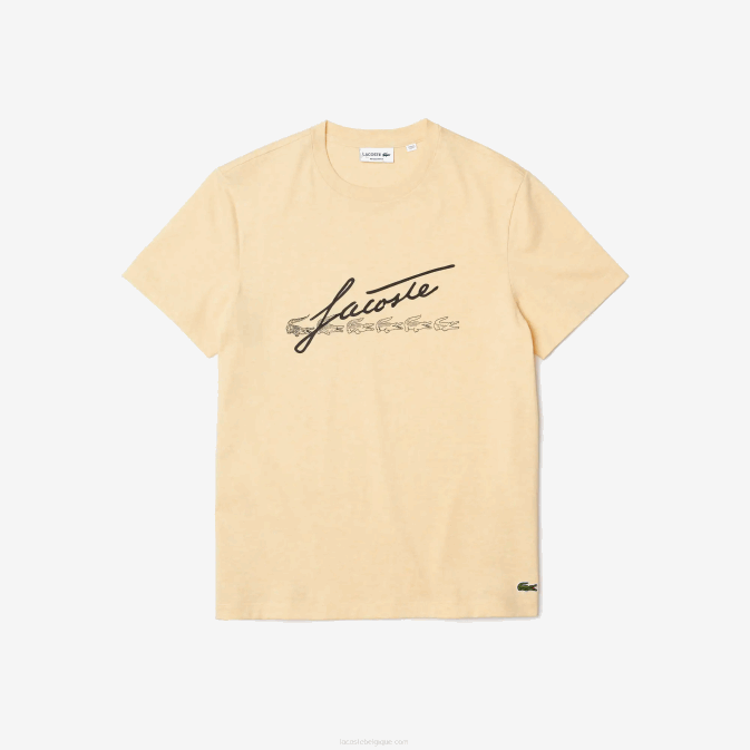 hbz jaune V6HV762 Hommes Lacoste t-shirt en coton à col rond imprimé signature et crocodile