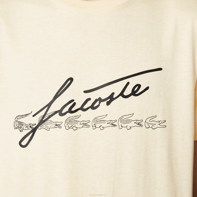 hbz jaune V6HV762 Hommes Lacoste t-shirt en coton à col rond imprimé signature et crocodile