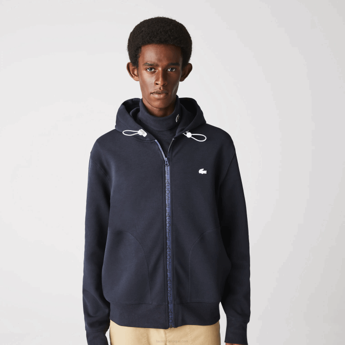 hde bleu marine V6HV1177 Hommes Lacoste sweat zippé à capuche en coton mélangé