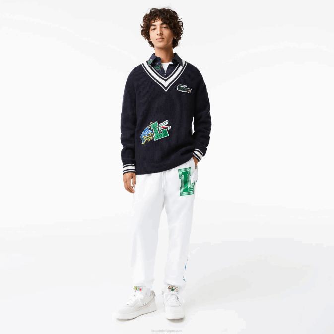 hhw noir/blanc V6HV1378 Hommes Lacoste pull à badge comique