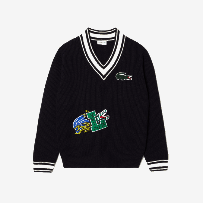 hhw noir/blanc V6HV1378 Hommes Lacoste pull à badge comique