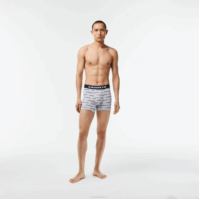 gris chine bleu marine 9zu V6HV446 Hommes Lacoste Lot de 3 boxers en jersey à logo imprimé