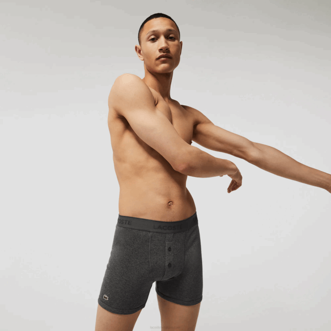 noir gris chiné vfu V6HV1359 Hommes Lacoste Lot de 3 boxers longs en coton à taille lettrée