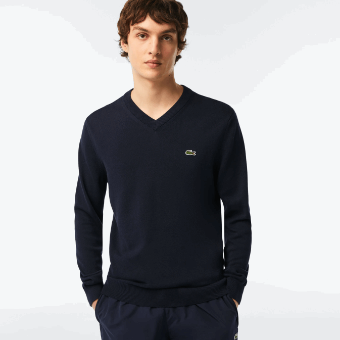 bleu marine 166 V6HV1326 Hommes Lacoste pull col v en coton bio