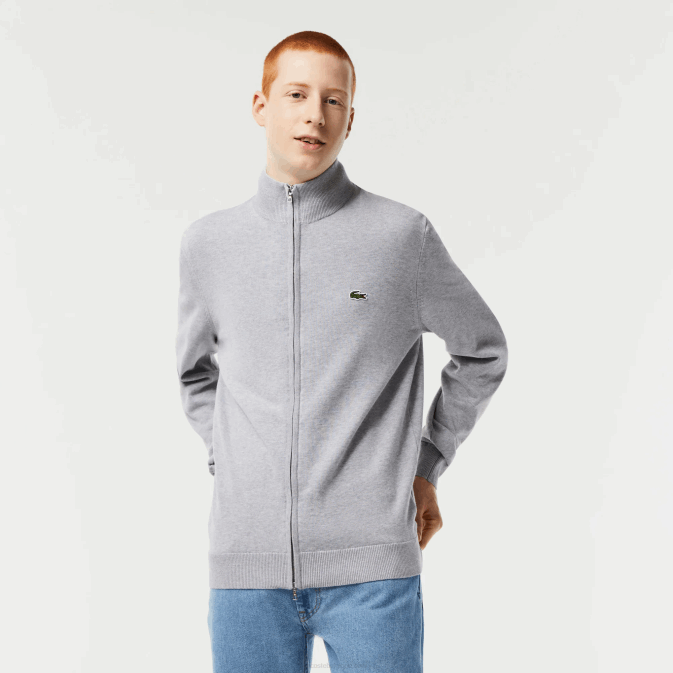 gris chiné cca V6HV459 Hommes Lacoste pull col montant zippé en coton bio