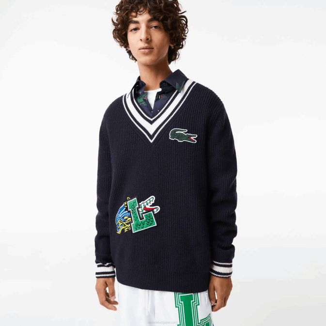 hhw noir/blanc V6HV1378 Hommes Lacoste pull à badge comique
