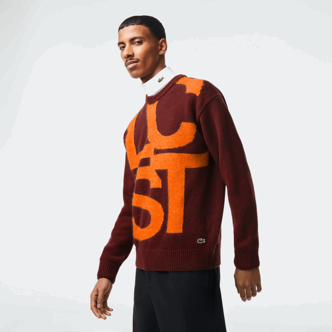 orange bordeaux 7h7 V6HV1449 Hommes Lacoste pull en laine à lettres contrastées coupe classique