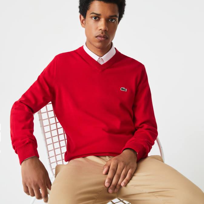 rouge 240 V6HV1324 Hommes Lacoste pull col v en coton bio