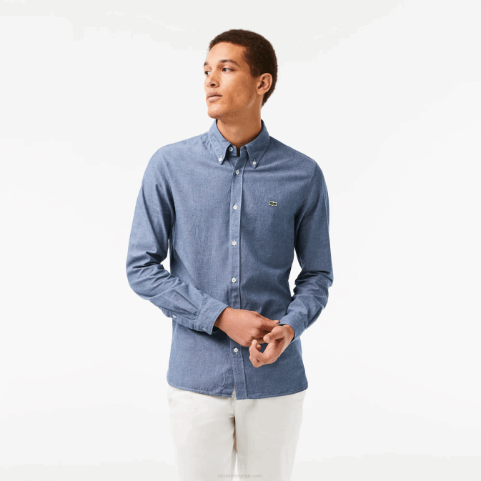 CD bleu V6HV1573 Hommes Lacoste chemise cintrée en chambray de coton