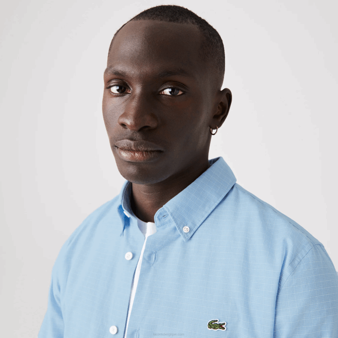 bleu blanc fv2 V6HV1647 Hommes Lacoste chemise slim fit à carreaux en coton et lin