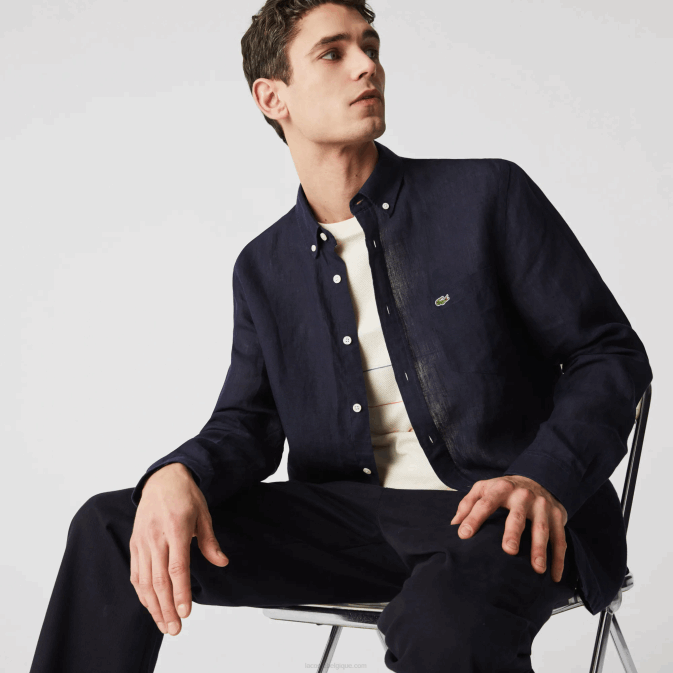 bleu marine 166 V6HV1650 Hommes Lacoste chemise en lin coupe classique